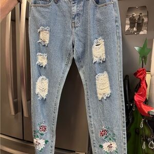 POL Light Blue Distressed Floral Jeans